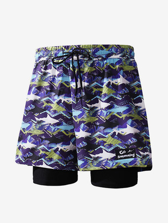 パープル メンズ ショートパンツ プリント ドローストリングウエスト 夏用 サイクリング ビーチ ショートパンツ