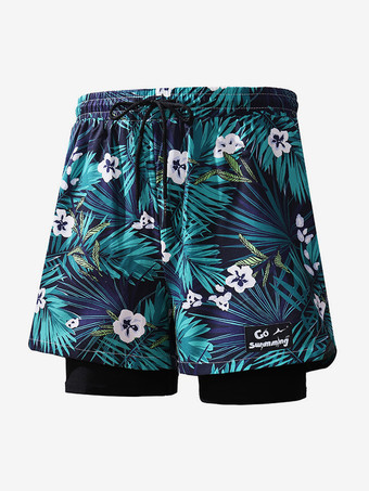 グリーン メンズ ショートパンツ プリント ドローストリングウエスト 夏用 サイクリング ビーチ ショートパンツ