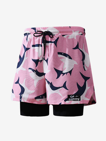 肌ピンク メンズ ショートパンツ プリント ドローストリングウエスト 夏用 サイクリング ビーチ ショートパンツ