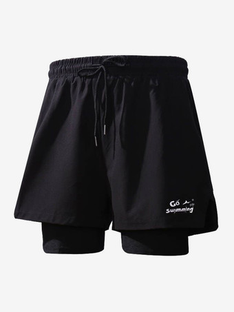 ブラック メンズ ショートパンツ プリント ドローストリングウエスト 夏用 サイクリング ビーチ ショートパンツ