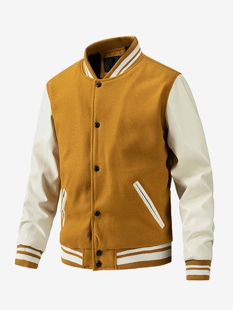 オレンジ メンズ ベースボールジャケット カラーブロック コットンパッド入り プラスサイズ ジャケット