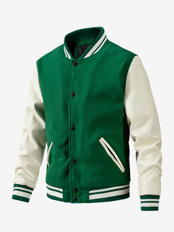 グリーン メンズ ベースボールジャケット カラーブロック コットンパッド入り プラスサイズ ジャケット