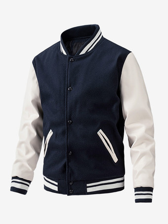 ダークネイビーメンズ ベースボールジャケット カラーブロック コットンパッド入り プラスサイズ ジャケット
