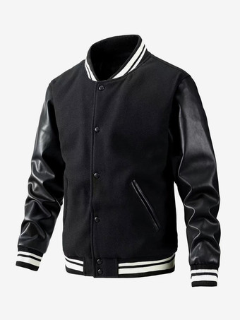 ブラック メンズ ベースボールジャケット カラーブロック コットンパッド入り プラスサイズ ジャケット