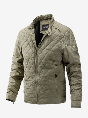 カーキ メンズ バイカー ジャケット カジュアル 長袖 ジップ コットン ダイヤモンド柄 ジャケット