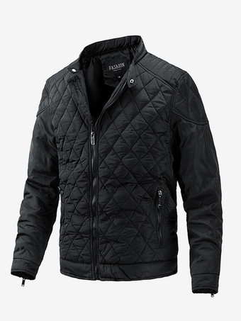 ブラック メンズ バイカー ジャケット カジュアル 長袖 ジップ コットン ダイヤモンド柄 ジャケット