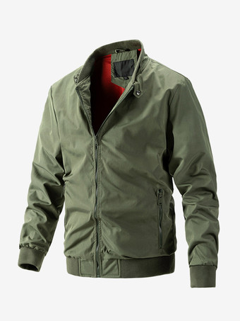 ハンターグリーン メンズジャケット ジップ開閉ポケット 長袖ボンバージャケット