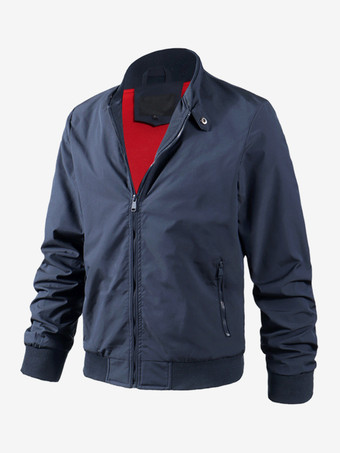 ダークネイビーメンズジャケット ジップ開閉ポケット 長袖ボンバージャケット