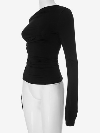 アシンメトリーワンショルダークロップトップロングスリーブプリーツTシャツレディース2025