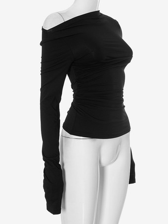 アシンメトリーワンショルダークロップトップロングスリーブプリーツTシャツレディース2025