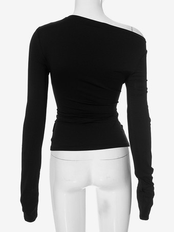 アシンメトリーワンショルダークロップトップロングスリーブプリーツTシャツレディース2025