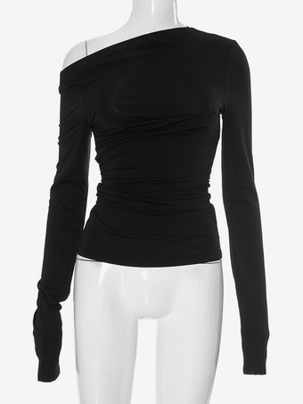 アシンメトリーワンショルダークロップトップロングスリーブプリーツTシャツレディース2025