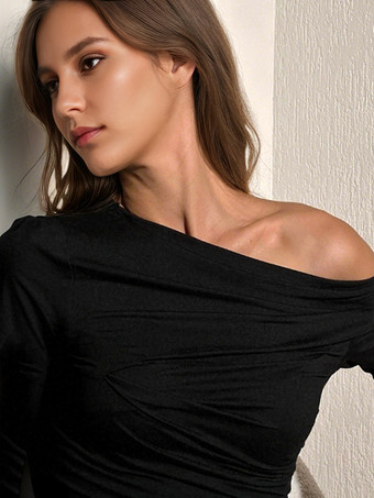 アシンメトリーワンショルダークロップトップロングスリーブプリーツTシャツレディース2025