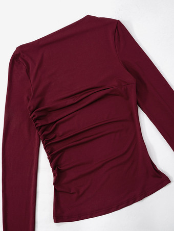 アシンメトリーワンショルダークロップトップロングスリーブプリーツTシャツレディース2025