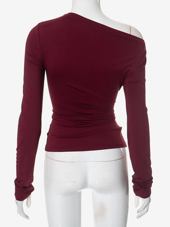 アシンメトリーワンショルダークロップトップロングスリーブプリーツTシャツレディース2025