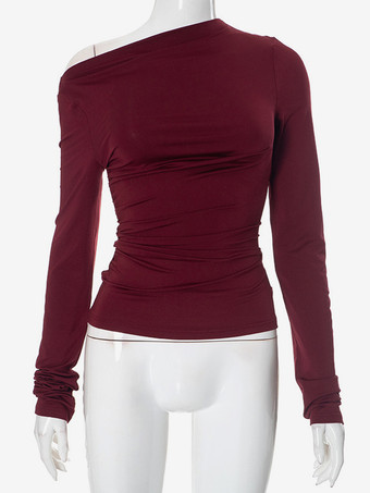 アシンメトリーワンショルダークロップトップロングスリーブプリーツTシャツレディース2025