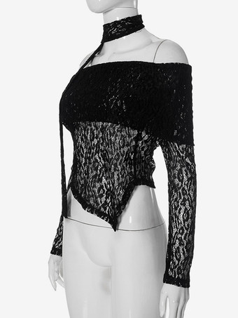 オフショルダー レース クロップトップ スカーフ付き ブラック ロングスリーブ Tシャツ レディース 2025