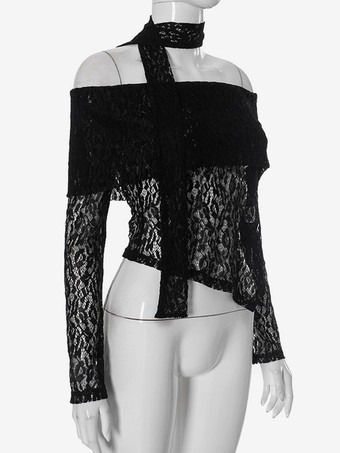 オフショルダー レース クロップトップ スカーフ付き ブラック ロングスリーブ Tシャツ レディース 2025