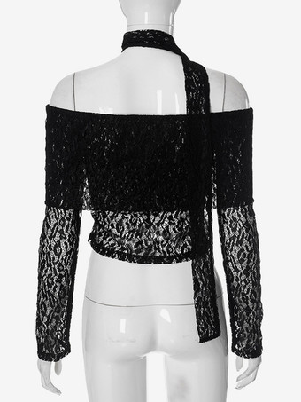 オフショルダー レース クロップトップ スカーフ付き ブラック ロングスリーブ Tシャツ レディース 2025