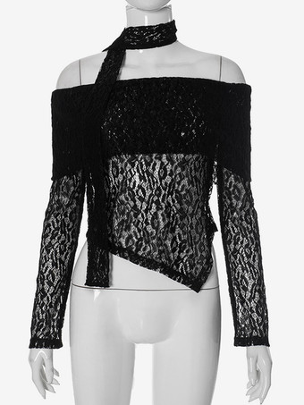 オフショルダー レース クロップトップ スカーフ付き ブラック ロングスリーブ Tシャツ レディース 2025