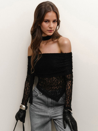オフショルダー レース クロップトップ スカーフ付き ブラック ロングスリーブ Tシャツ レディース 2025