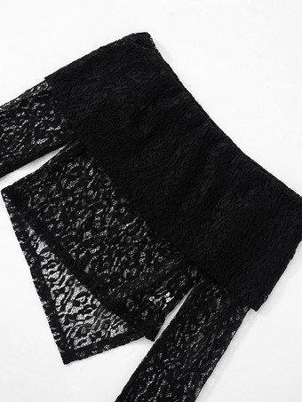 オフショルダー レース クロップトップ スカーフ付き ブラック ロングスリーブ Tシャツ レディース 2025