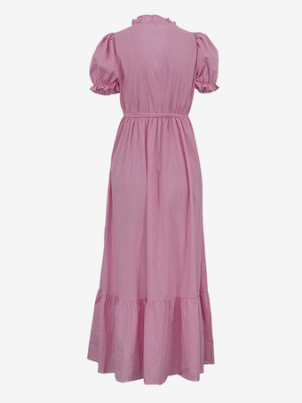 パフスリーブ付きロングドレス Vネック ベルト付き サマードレス レディース 2025