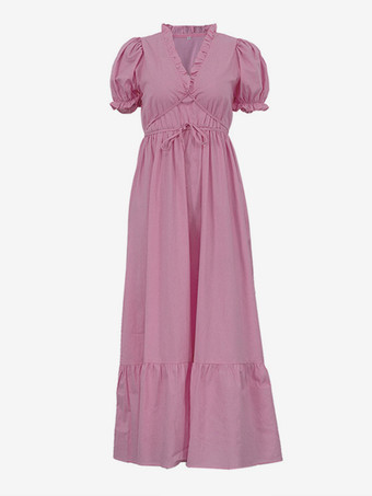 ピンクパフスリーブ付きロングドレス Vネック ベルト付き サマードレス レディース 2025