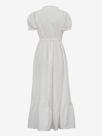 パフスリーブ付きロングドレス Vネック ベルト付き サマードレス レディース 2025