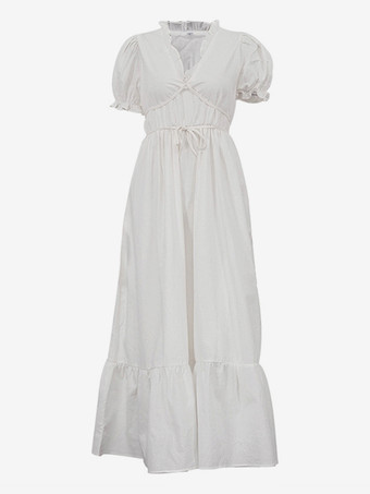 パフスリーブ付きロングドレス Vネック ベルト付き サマードレス レディース 2025