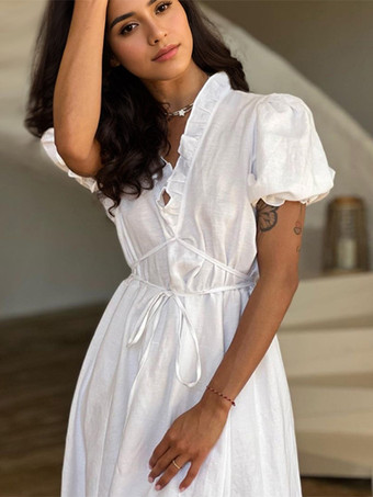 パフスリーブ付きロングドレス Vネック ベルト付き サマードレス レディース 2025