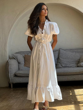 ホワイト パフスリーブ付きロングドレス Vネック ベルト付き サマードレス レディース 2025