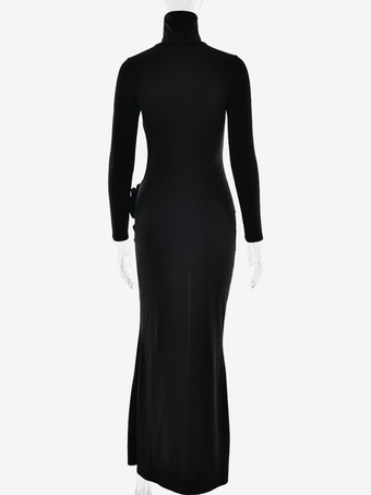 ボディコンロングドレス、フラワーカットアウトウエストタートルネック、ロングスリーブ、セクシーなハイスリットドレス 2025