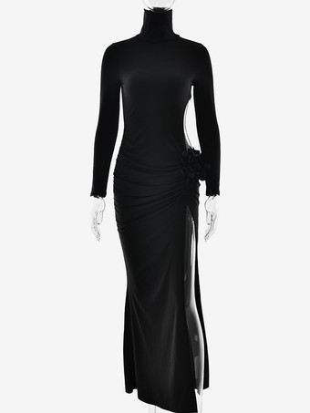 ブラック ボディコンロングドレス、フラワーカットアウトウエストタートルネック、ロングスリーブ、セクシーなハイスリットドレス 2025