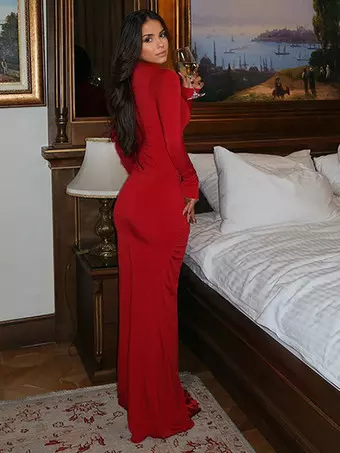 Bodycon Long Dress With Flower Cutout Waist Turtleneck Long Sleeve Sexy High -slit Dress 2026 - Milanoo.com