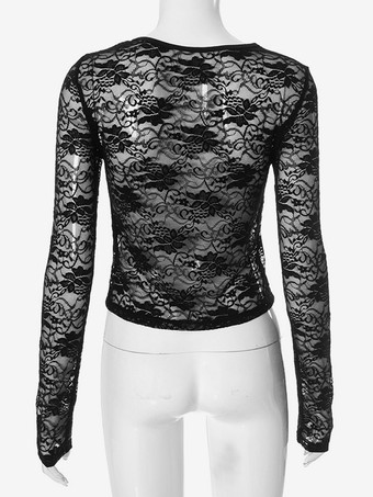Haut court en dentelle noire à manches longues et col ras du cou pour femme t-shirt transparent et sexy 2025