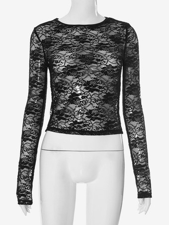 Haut court en dentelle noire à manches longues et col ras du cou pour femme t-shirt transparent et sexy 2025