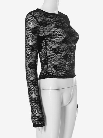 Haut court en dentelle noire à manches longues et col ras du cou pour femme t-shirt transparent et sexy 2025