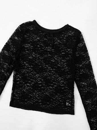 Haut court en dentelle noire à manches longues et col ras du cou pour femme t-shirt transparent et sexy 2025
