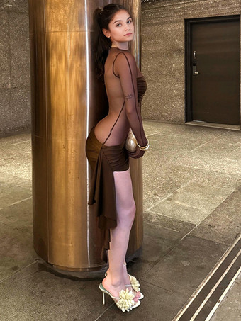 手袋付きボディコンドレス セクシーなメッシュミニクラブドレス レディース 2025