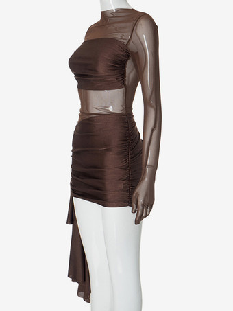 手袋付きボディコンドレス セクシーなメッシュミニクラブドレス レディース 2025