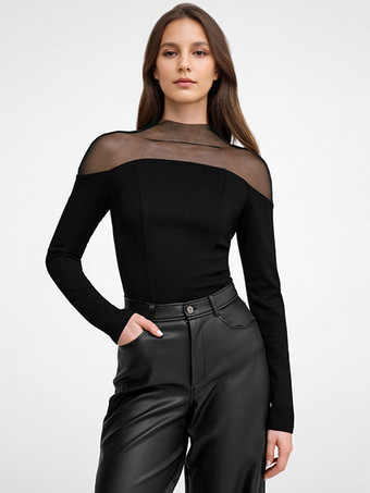 ブラック メッシュ タートルネック T シャツ ブラック 長袖 春 トップス レディース 2026