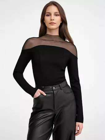 Mesh Turtleneck T-shirt In Black Long Sleeve Spring Tops For Women