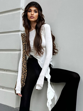 アシンメトリー フリル ヘム クロップトップ ルーシュ ロングスリーブ Tシャツ レディース 2025