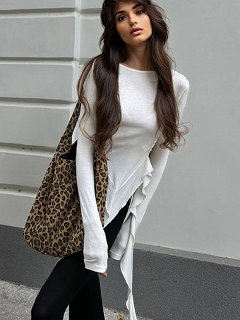 アシンメトリー フリル ヘム クロップトップ ルーシュ ロングスリーブ Tシャツ レディース 2025