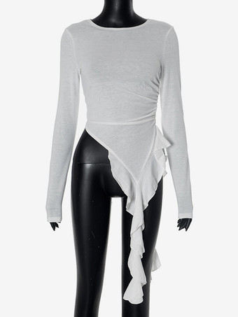 アシンメトリー フリル ヘム クロップトップ ルーシュ ロングスリーブ Tシャツ レディース 2025