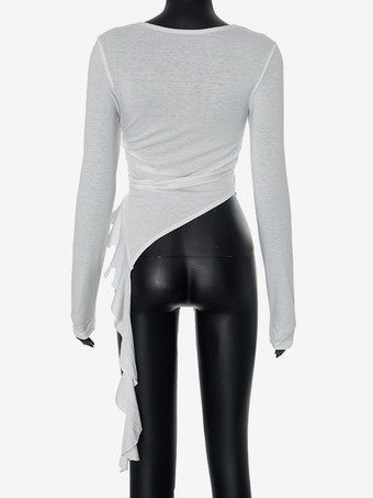 アシンメトリー フリル ヘム クロップトップ ルーシュ ロングスリーブ Tシャツ レディース 2025