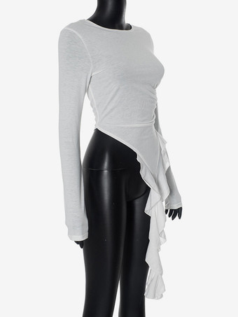 アシンメトリー フリル ヘム クロップトップ ルーシュ ロングスリーブ Tシャツ レディース 2025