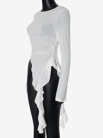 アシンメトリー フリル ヘム クロップトップ ルーシュ ロングスリーブ Tシャツ レディース 2025