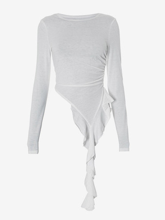 アシンメトリー フリル ヘム クロップトップ ルーシュ ロングスリーブ Tシャツ レディース 2025